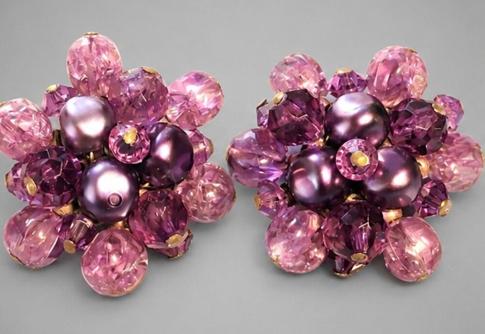 Vintage Purple West Germany Large Beaded Clip On Cluster Earrings 1.25" blc-47